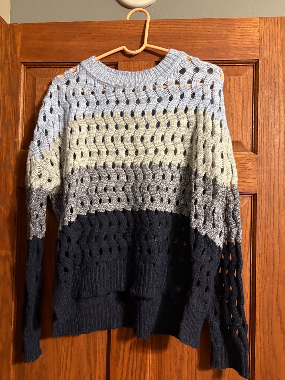Charlie B Ombre Open-Knit Crewneck Sweater in Light Blue, Gray & Navy